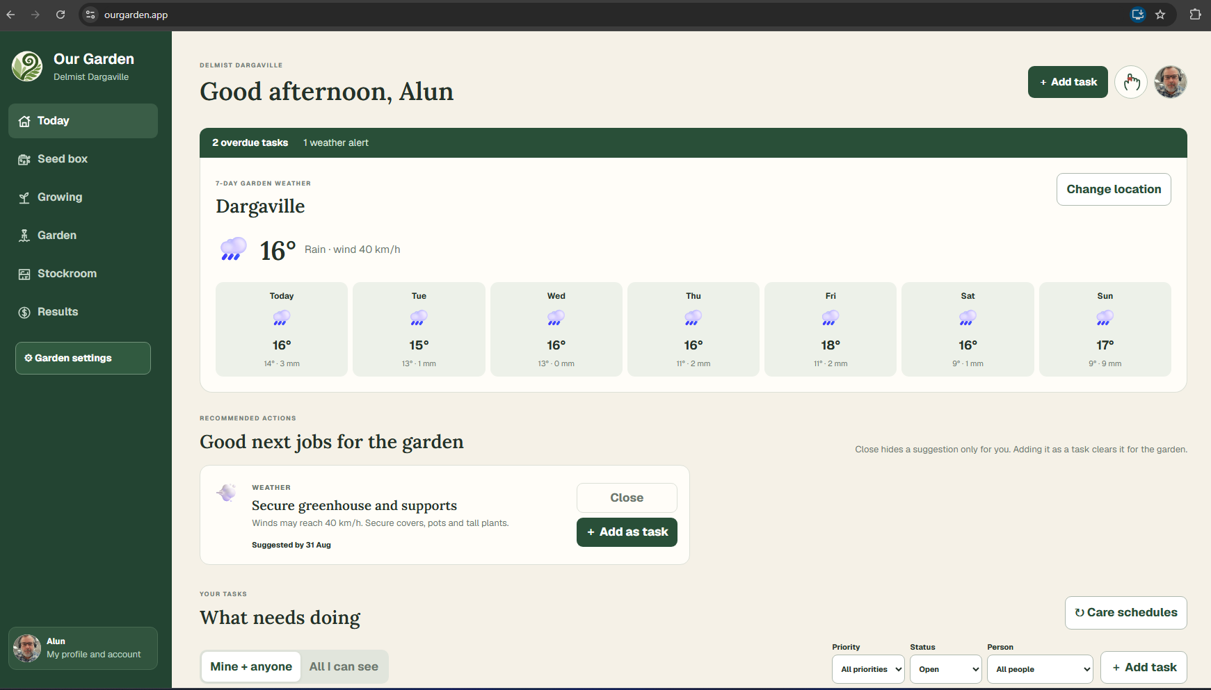 Our Garden dashboard showing weather, recommended actions and garden tasks